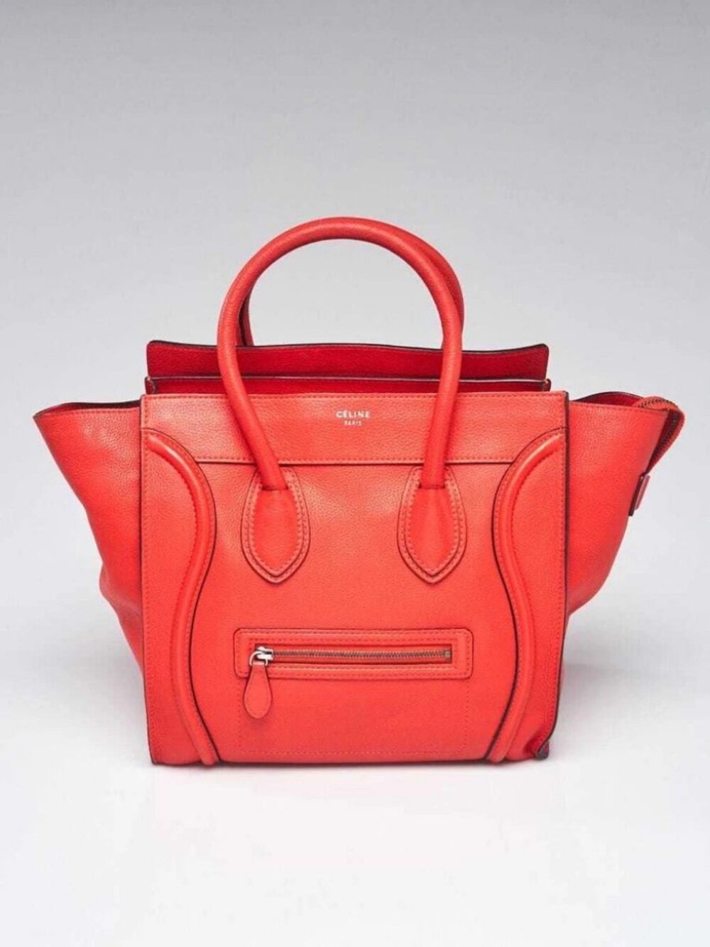 Celine Red Drummed Calfskin Leather Mini Luggage Tote Bag